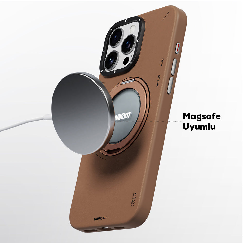 Apple iPhone 15 Pro Kılıf Magsafe Şarj Özellikli 360° Standlı Basit Mat Deri Desenli Youngkit Tech Leather Serisi Kapak Gri