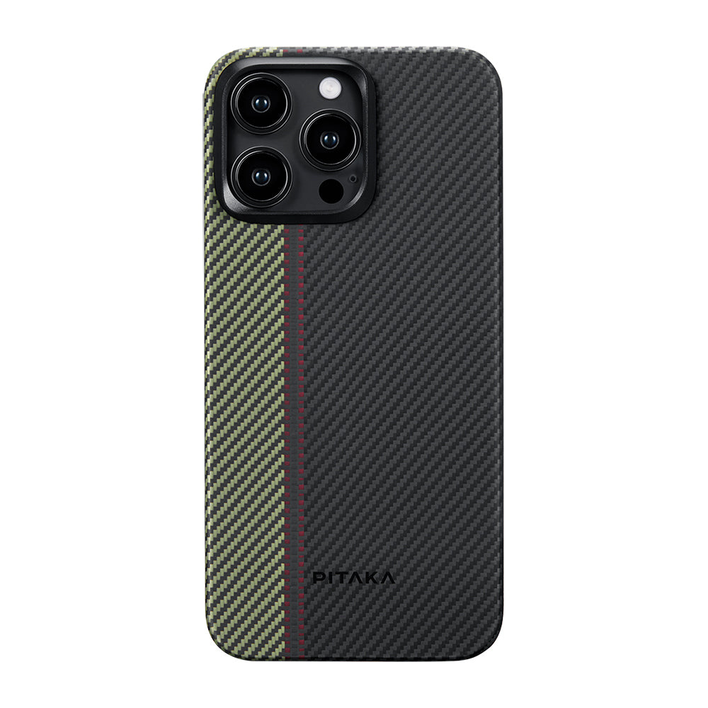 Apple iPhone 15 Pro Kılıf Magsafe Şarj Özellikli 600D Aramid Fiber Pitaka Tactile Woven Orchestra Serisi Overture Kapak Siyah-Yeşil