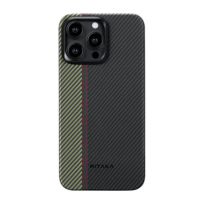 Apple iPhone 15 Pro Kılıf Magsafe Şarj Özellikli 600D Aramid Fiber Pitaka Tactile Woven Orchestra Serisi Overture Kapak Siyah-Yeşil