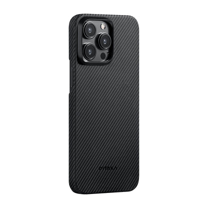 iPhone 15 Pro Kılıf M-safe Şarj Özellikli 600D Aramid Fiber Pitaka Ultra-Slim Classic Serisi Black-Grey Twill Kılıf