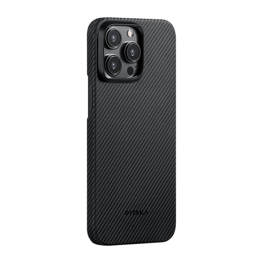 iPhone 15 Pro Kılıf M-safe Şarj Özellikli 600D Aramid Fiber Pitaka Ultra-Slim Classic Serisi Black-Grey Twill Kılıf