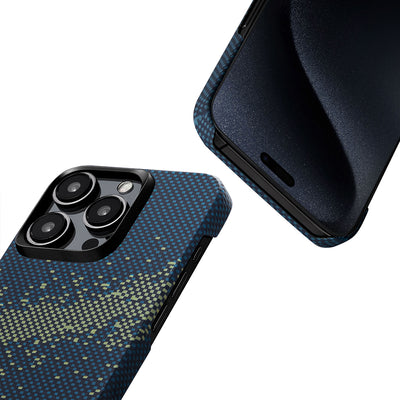 Apple iPhone 15 Pro Kılıf Magsafe Şarj Özellikli Aramid Fiber Pitaka Tactile Woven Starpeak Serisi Milky Way Galaxy Kapak Mavi