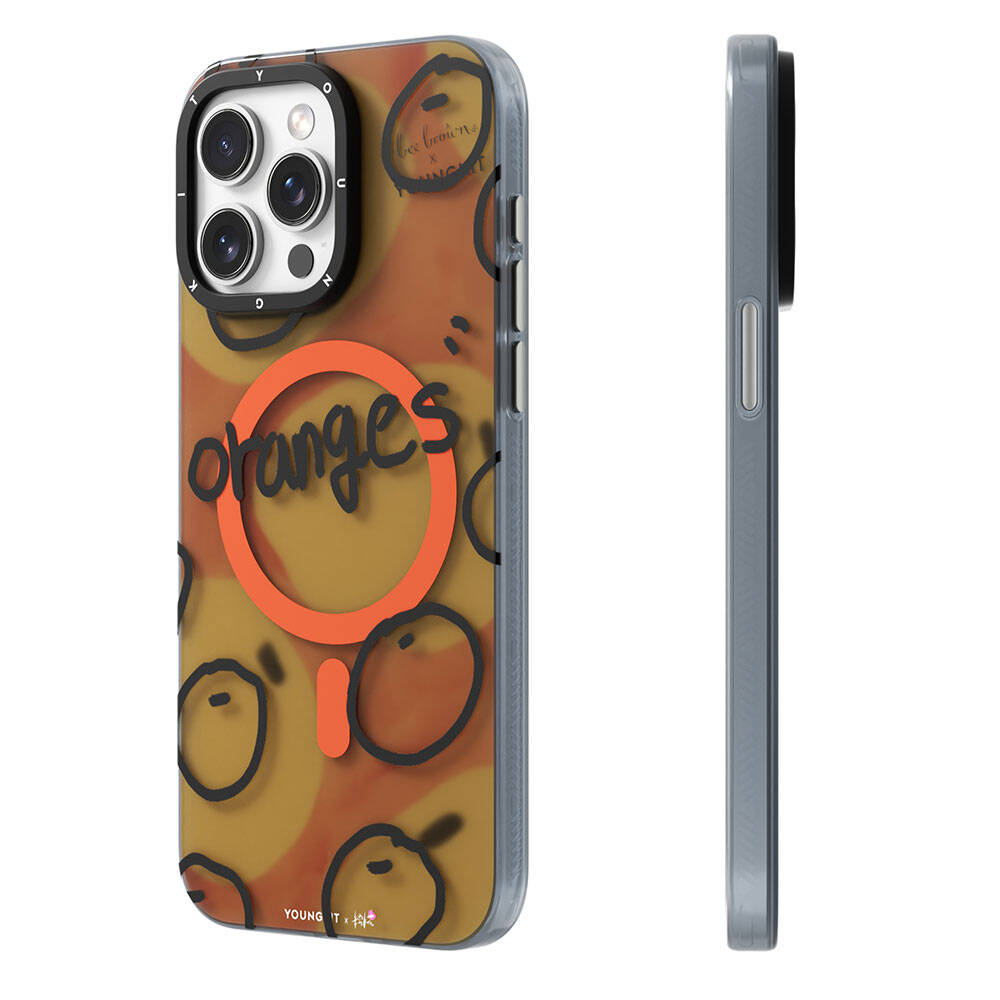 Apple iPhone 15 Pro Kılıf Magsafe Şarj Özellikli Bee Brown Tasarımlı Youngkit Funny Serisi Kapak Turuncu