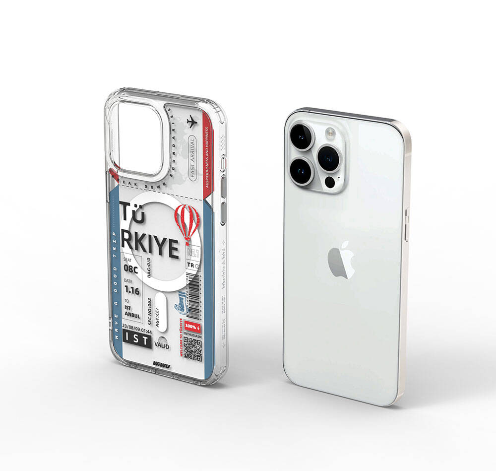 Apple iPhone 15 Pro Kılıf Magsafe Şarj Özellikli Bilet Desenli Wiwu Turkey B Serisi Kapak Pembe