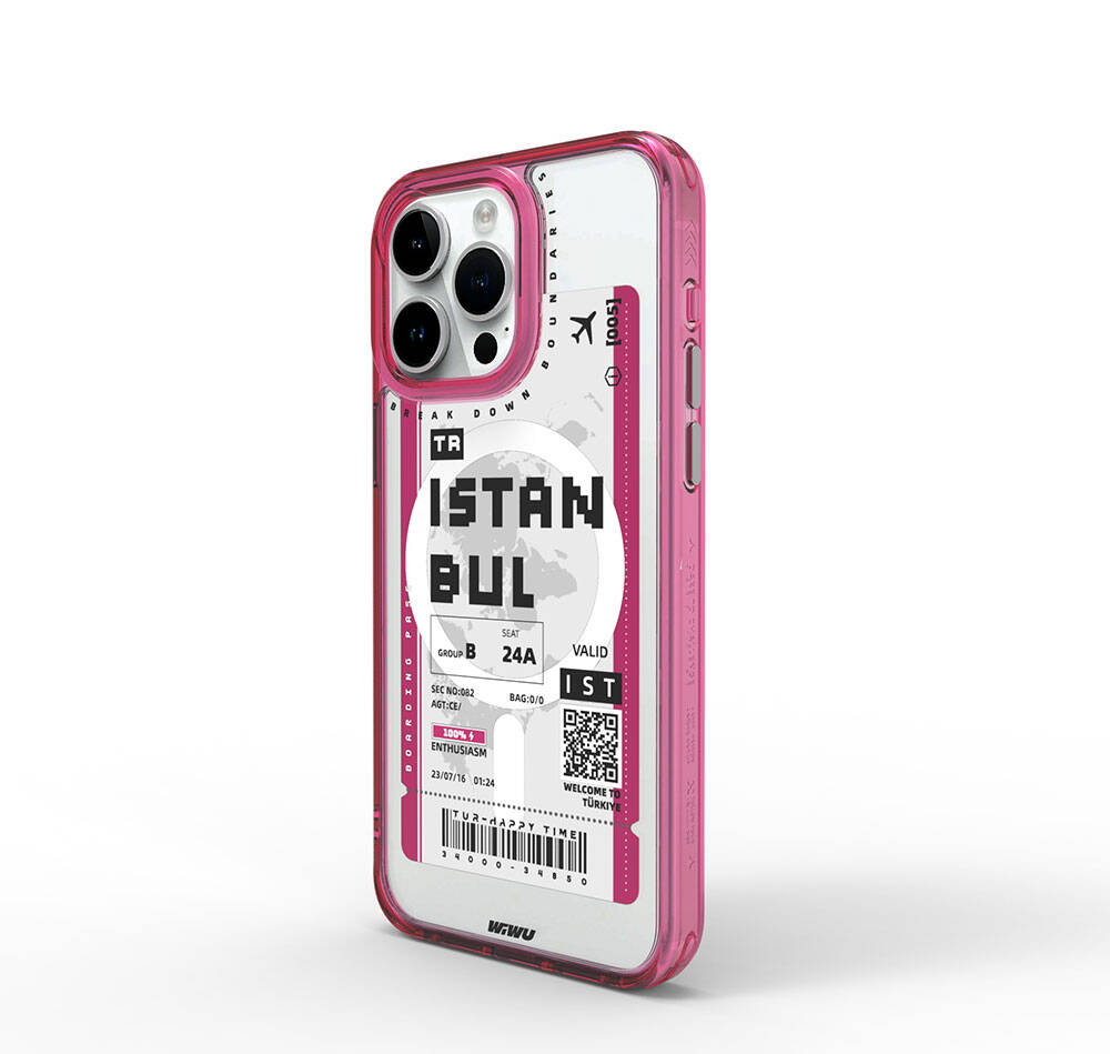 Apple iPhone 15 Pro Kılıf Magsafe Şarj Özellikli Bilet Desenli Wiwu Turkey B Serisi Kapak Pembe