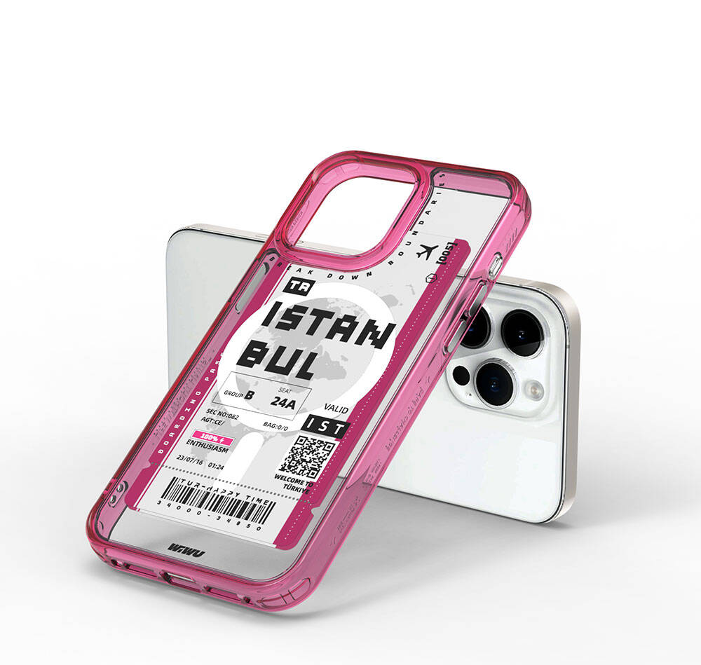 Apple iPhone 15 Pro Kılıf Magsafe Şarj Özellikli Bilet Desenli Wiwu Turkey B Serisi Kapak Pembe