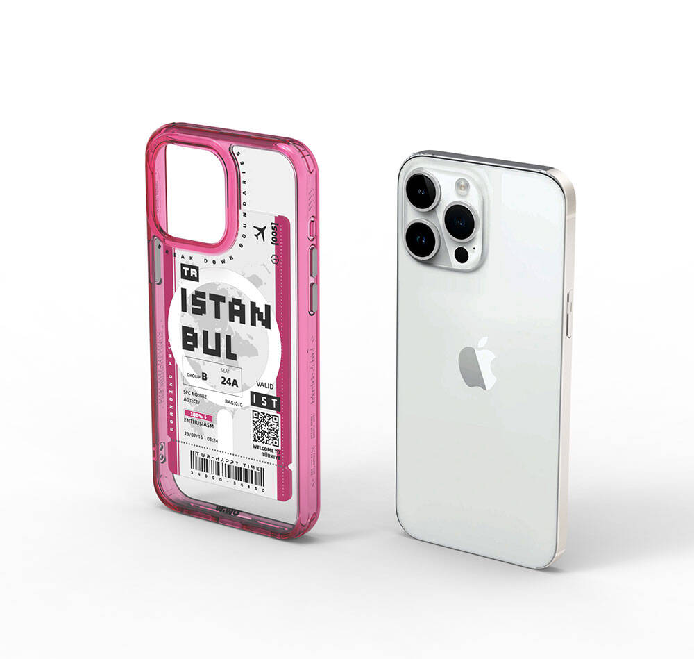Apple iPhone 15 Pro Kılıf Magsafe Şarj Özellikli Bilet Desenli Wiwu Turkey B Serisi Kapak Pembe