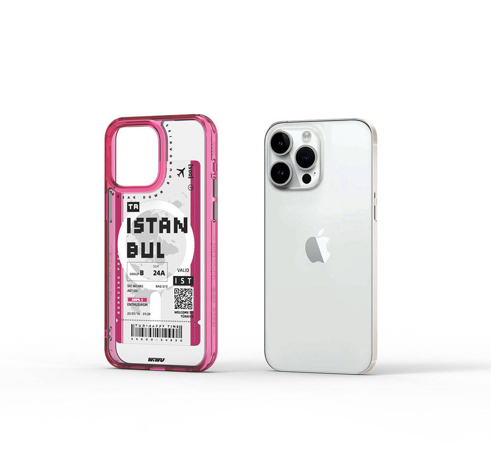 Apple iPhone 15 Pro Kılıf Magsafe Şarj Özellikli Bilet Desenli Wiwu Turkey B Serisi Kapak Pembe