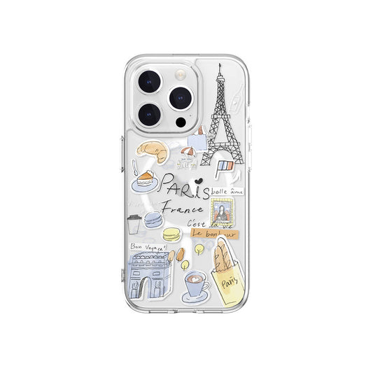 iPhone 15 Pro Kılıf M-safe Şarj Özellikli Çizim Desenli Şok Önleyicili Şeffaf Lisanslı Switcheasy City-M Paris Kılıf
