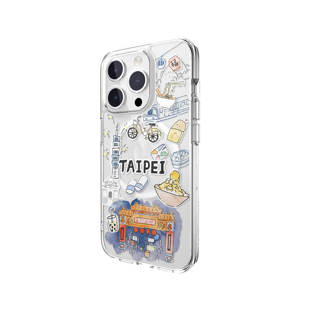 iPhone 15 Pro Kılıf M-safe Şarj Özellikli Çizim Desenli Şok Önleyicili Şeffaf Lisanslı Switcheasy City-M Taipei Kılıf