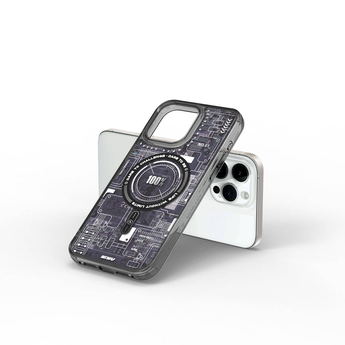 Apple iPhone 15 Pro Kılıf Magsafe Şarj Özellikli Desenli Wiwu Mecha Circuit H Serisi Kapak Gri