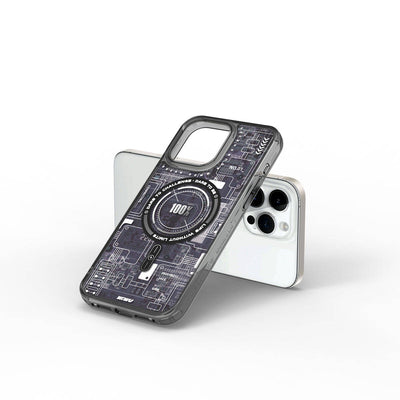 Apple iPhone 15 Pro Kılıf Magsafe Şarj Özellikli Desenli Wiwu Mecha Circuit H Serisi Kapak Gri