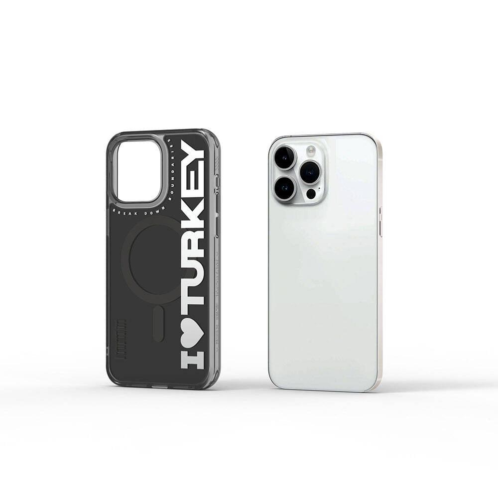 Apple iPhone 15 Pro Kılıf Magsafe Şarj Özellikli I Love Turkey Yazı Desenli Wiwu Turkey E Serisi Kapak Siyah
