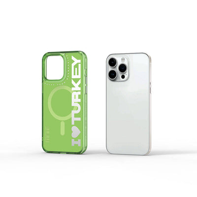 Apple iPhone 15 Pro Kılıf Magsafe Şarj Özellikli I Love Turkey Yazı Desenli Wiwu Turkey E Serisi Kapak Yeşil