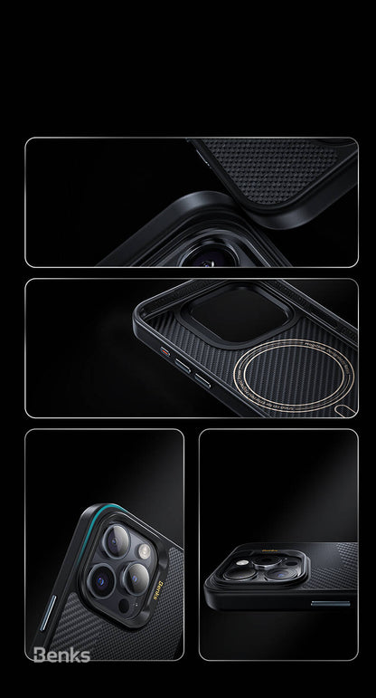 iPhone 15 Pro Kılıf M-safe Şarj Özellikli Karbon Fiber Benks Montage Hybrid ArmorPro Kevlar Kılıf