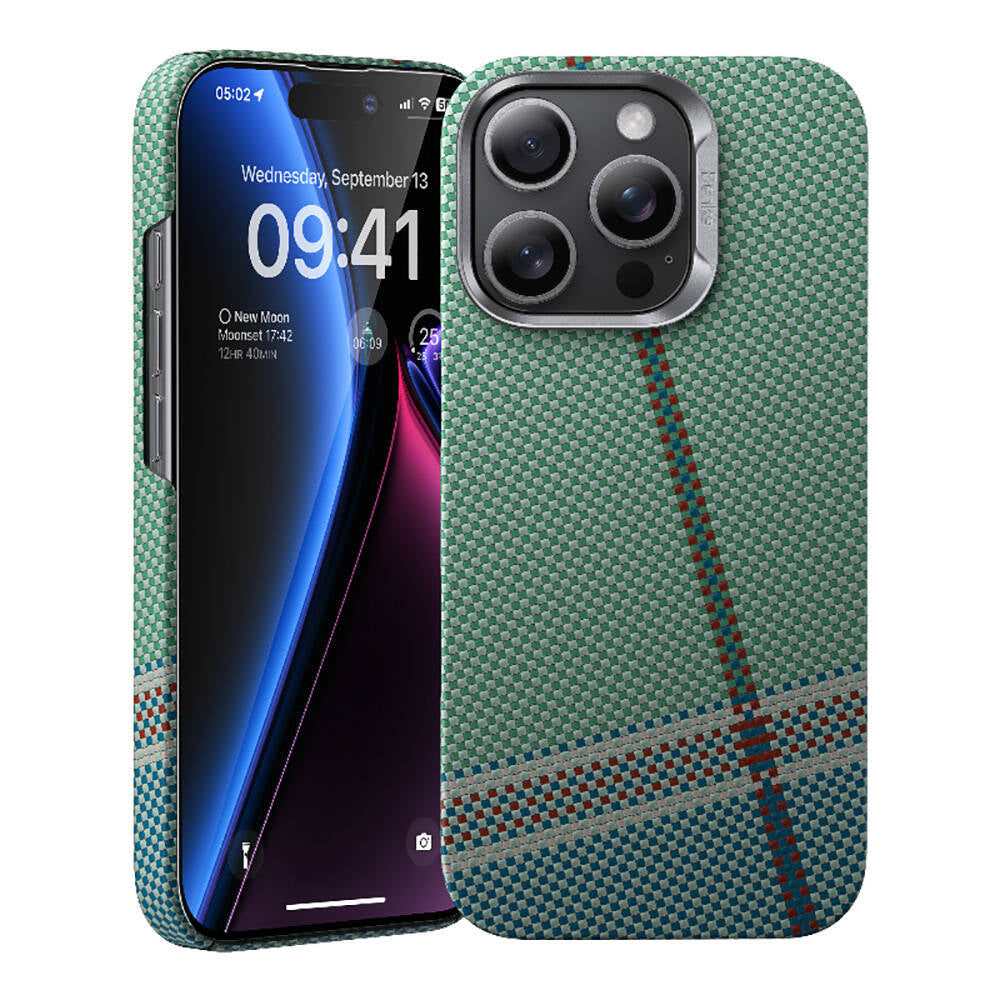 iPhone 15 Pro Kılıf M-safe Şarj Özellikli Karbon Fiber Tasarımlı Benks Passion Green ArmorAir Kevlar Kılıf