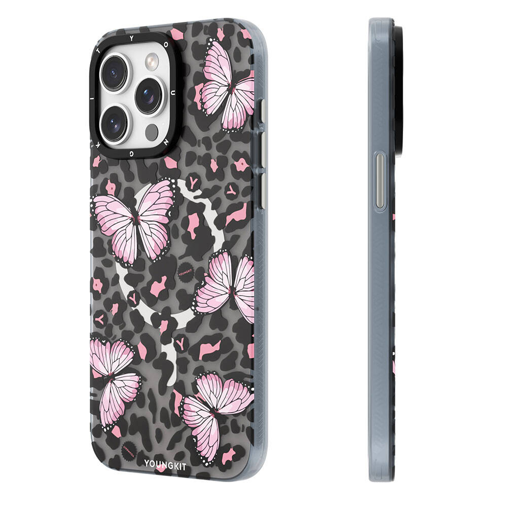Apple iPhone 15 Pro Kılıf Magsafe Şarj Özellikli Kelebek Desenli Youngkit Shadow Dance Serisi Kapak Siyah