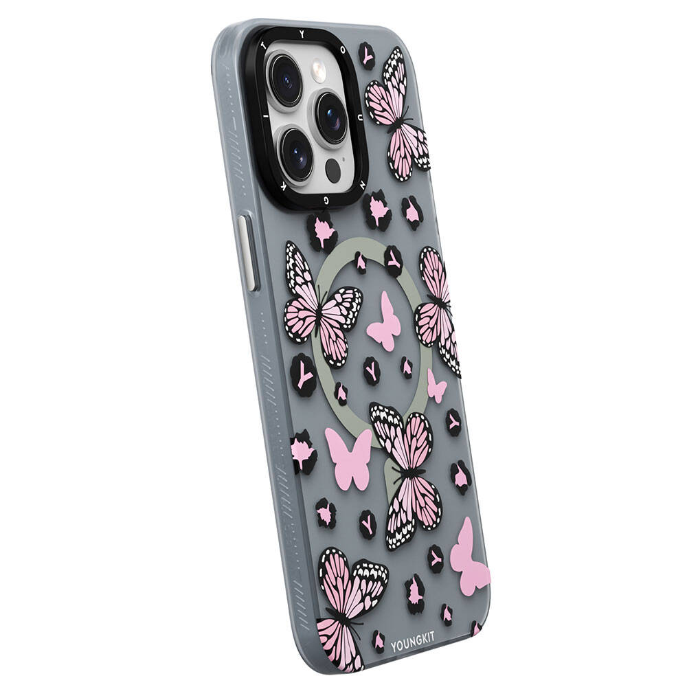 Apple iPhone 15 Pro Kılıf Magsafe Şarj Özellikli Kelebek Desenli Youngkit Shadow Dance Serisi Kapak Siyah