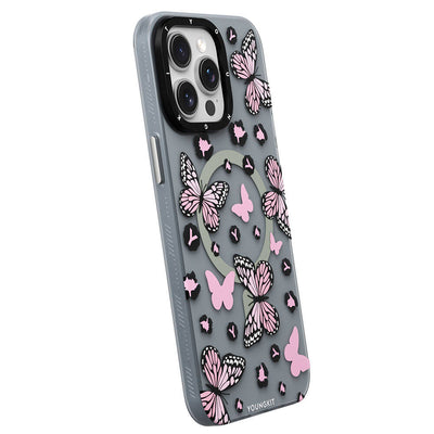 Apple iPhone 15 Pro Kılıf Magsafe Şarj Özellikli Kelebek Desenli Youngkit Shadow Dance Serisi Kapak Siyah