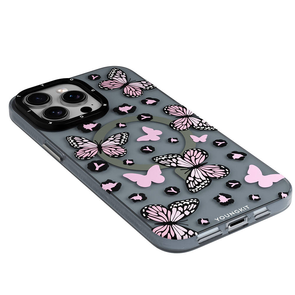 iPhone 15 Pro Kılıf M-safe Şarj Özellikli Kelebek Desenli Youngkit Shadow Dance Serisi Kılıf
