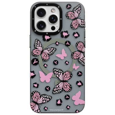 Apple iPhone 15 Pro Kılıf Magsafe Şarj Özellikli Kelebek Desenli Youngkit Shadow Dance Serisi Kapak Pembe
