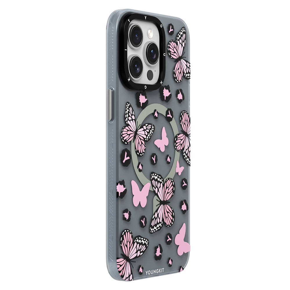 Apple iPhone 15 Pro Kılıf Magsafe Şarj Özellikli Kelebek Desenli Youngkit Shadow Dance Serisi Kapak Siyah