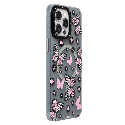 Apple iPhone 15 Pro Kılıf Magsafe Şarj Özellikli Kelebek Desenli Youngkit Shadow Dance Serisi Kapak Siyah