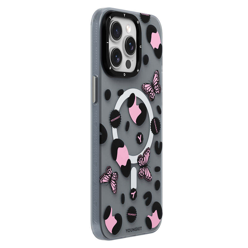 Apple iPhone 15 Pro Kılıf Magsafe Şarj Özellikli Kelebek Desenli Youngkit Shadow Dance Serisi Kapak Siyah