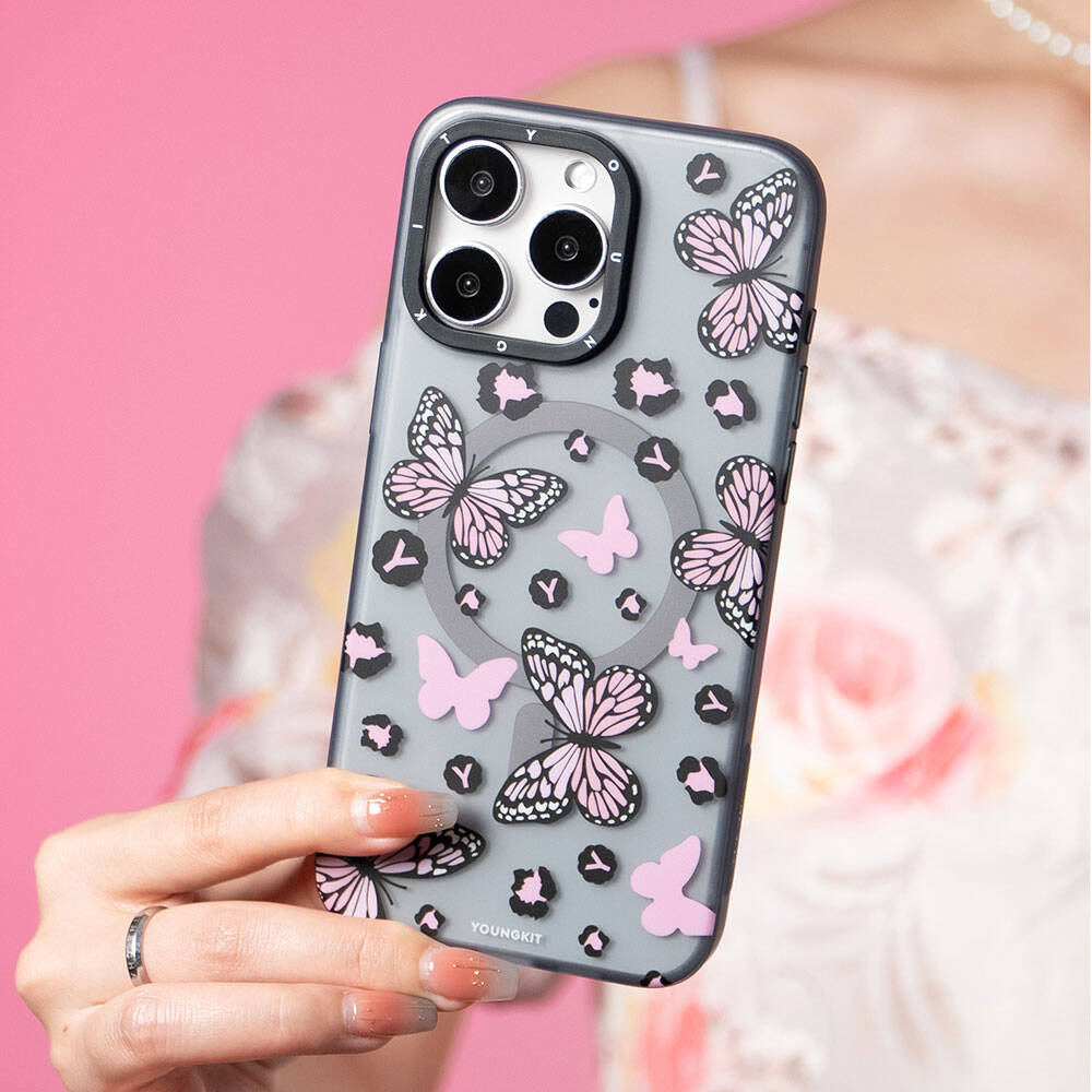 iPhone 15 Pro Kılıf M-safe Şarj Özellikli Kelebek Desenli Youngkit Shadow Dance Serisi Kılıf