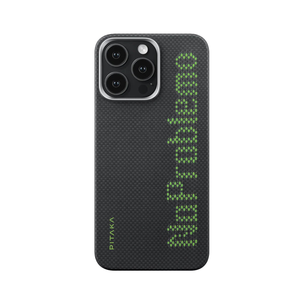 Apple iPhone 15 Pro Kılıf Magsafe Şarj Özellikli Lumintex Teknolojili Fosforlu Aramid Fiber Pitaka Tactile Woven Aries Serisi Kapak Siyah-Yeşil