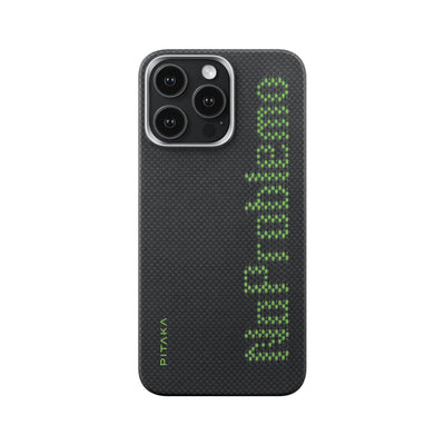 Apple iPhone 15 Pro Kılıf Magsafe Şarj Özellikli Lumintex Teknolojili Fosforlu Aramid Fiber Pitaka Tactile Woven Aries Serisi Kapak Siyah-Yeşil