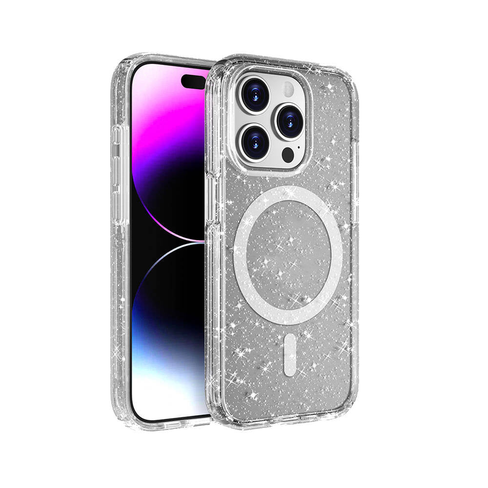 iPhone 15 Pro Kılıf M-safe Şarj Özellikli Parlayan Simli Saydam Renkli Zore Allstar Kılıf