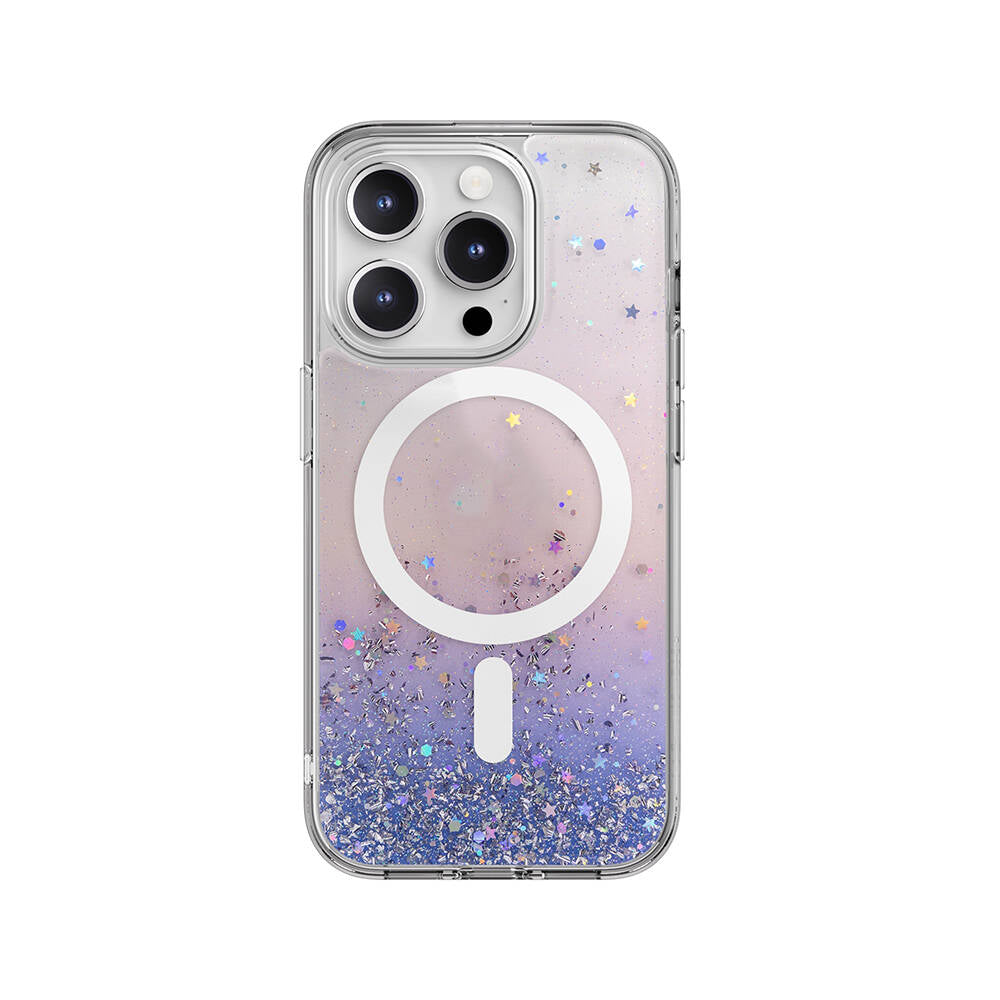 Apple iPhone 15 Pro Kılıf Magsafe Şarj Özellikli Parlayan Simli Şeffaf Lisanslı Switcheasy Starfield-M Kapak Mor
