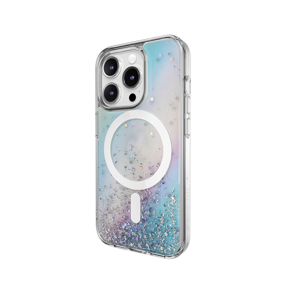 Apple iPhone 15 Pro Kılıf Magsafe Şarj Özellikli Parlayan Simli Şeffaf Lisanslı Switcheasy Starfield-M Kapak Mor