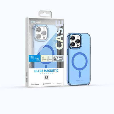 Apple iPhone 15 Pro Kılıf Magsafe Şarj Özellikli Saydam Arka Yüzey Recci Crystal Color Serisi Kapak Mavi