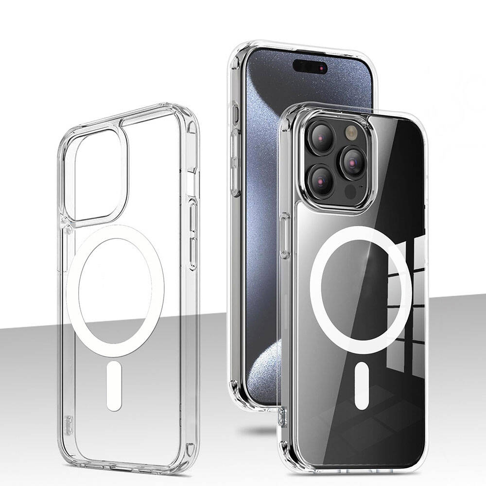 Apple iPhone 15 Pro Kılıf M-safe Şarj Özellikli Şeffaf Sert PC Zore Embos Kapak Renksiz