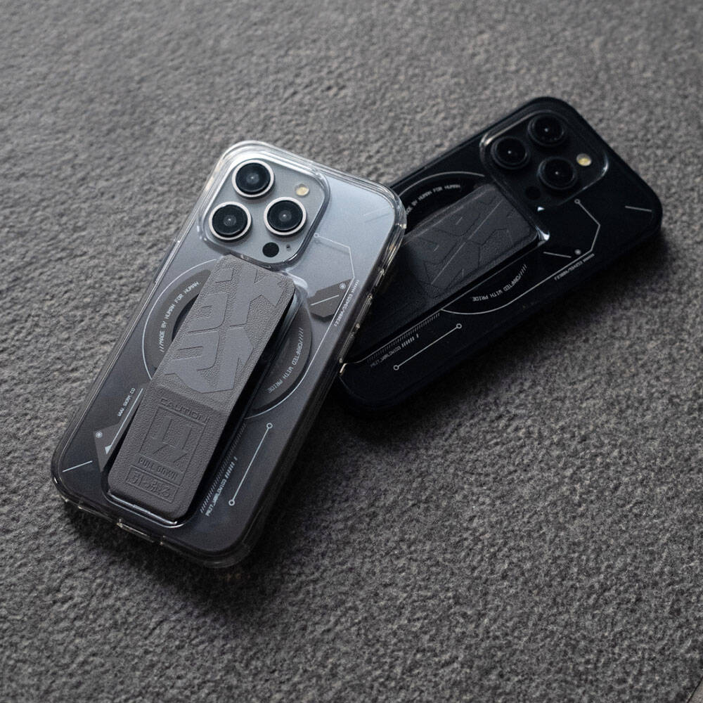 Apple iPhone 15 Pro Kılıf Magsafe Şarj Özellikli Teknoloji Desenli Standlı Skinarma Helio Kapak Siyah