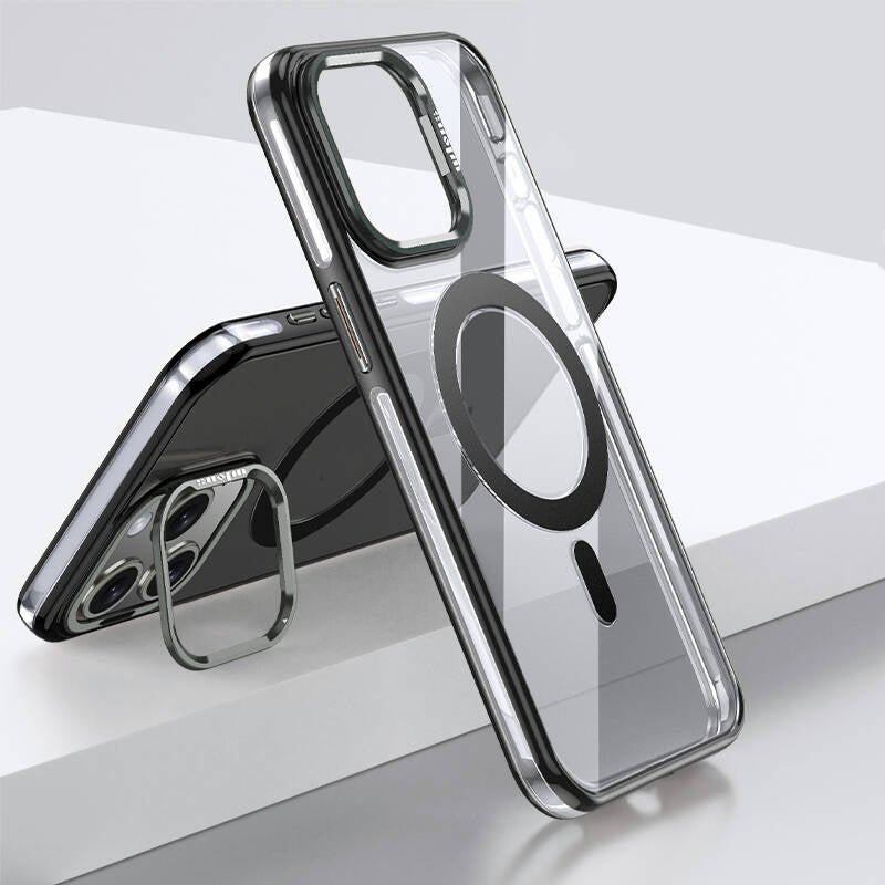 Apple iPhone 15 Pro Kılıf Magsafe Şarj Özellikli Wlons Standlı Efsane Kapak Siyah