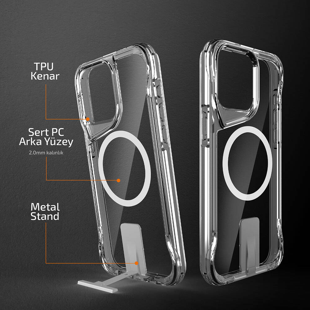 Apple iPhone 15 Pro Kılıf Magsafe Şarj Özellikli Zore T-Max Standlı Kapak Renksiz