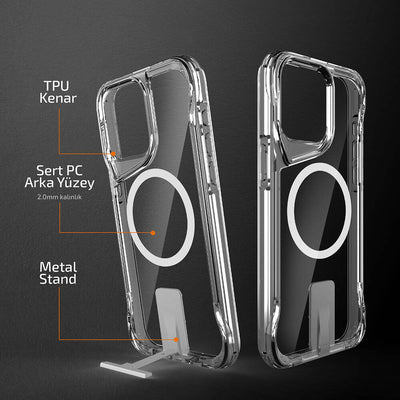 Apple iPhone 15 Pro Kılıf Magsafe Şarj Özellikli Zore T-Max Standlı Kapak Renksiz