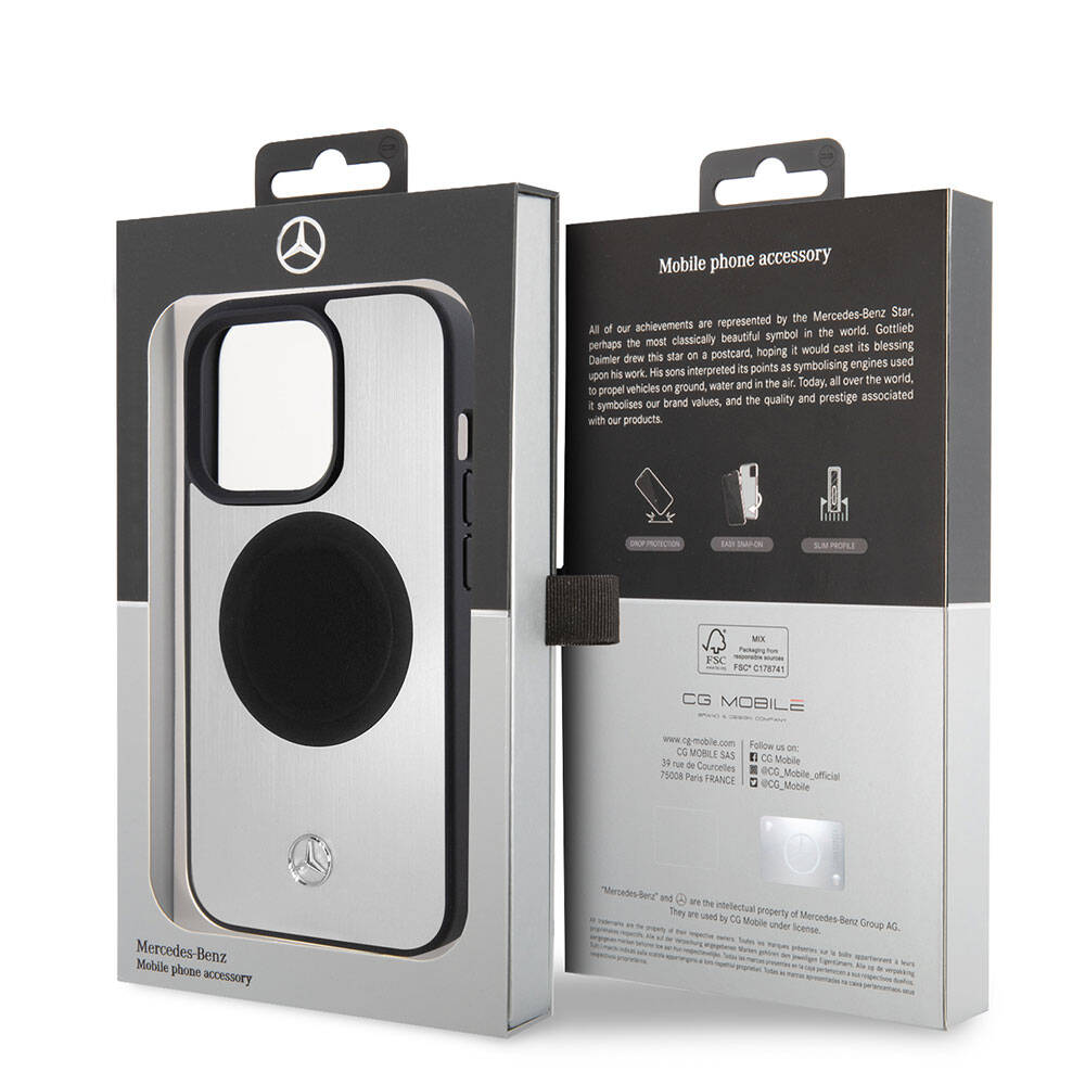 iPhone 15 Pro Kılıf Mercedes Benz Orjinal Lisanslı M-safe Şarj Özellikli Alüminyum Arka Yüzey Metal Yıldız Logolu Kılıf