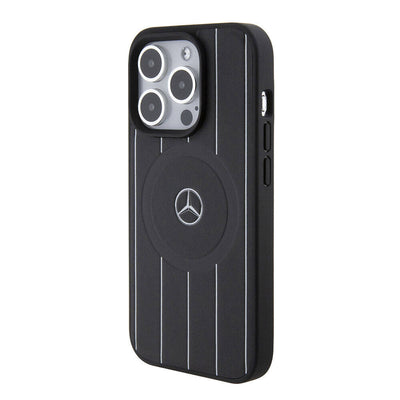 Apple iPhone 15 Pro Kılıf Mercedes Benz Orjinal Lisanslı Magsafe Şarj Özellikli Baskı Logolu Paralel Çizgi Desenli Deri Kapak Siyah
