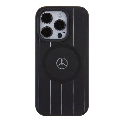 Apple iPhone 15 Pro Kılıf Mercedes Benz Orjinal Lisanslı Magsafe Şarj Özellikli Baskı Logolu Paralel Çizgi Desenli Deri Kapak Siyah