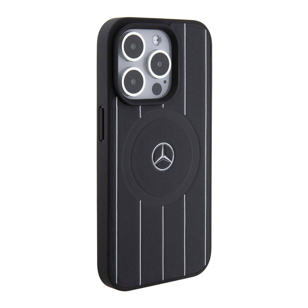 Apple iPhone 15 Pro Kılıf Mercedes Benz Orjinal Lisanslı Magsafe Şarj Özellikli Baskı Logolu Paralel Çizgi Desenli Deri Kapak Siyah