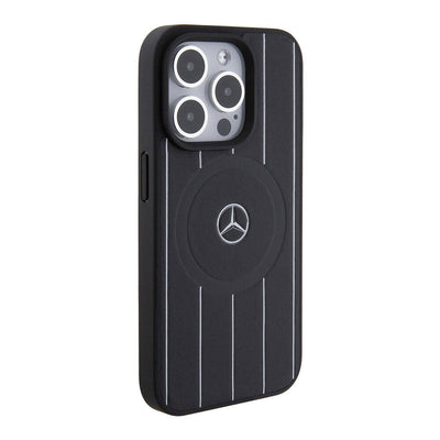 Apple iPhone 15 Pro Kılıf Mercedes Benz Orjinal Lisanslı Magsafe Şarj Özellikli Baskı Logolu Paralel Çizgi Desenli Deri Kapak Siyah