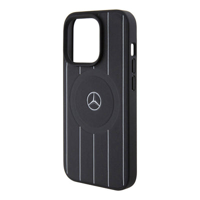 Apple iPhone 15 Pro Kılıf Mercedes Benz Orjinal Lisanslı Magsafe Şarj Özellikli Baskı Logolu Paralel Çizgi Desenli Deri Kapak Siyah