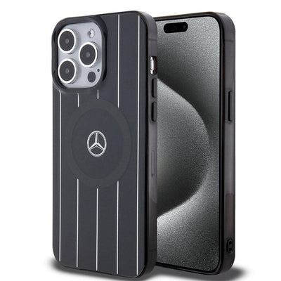 Apple iPhone 15 Pro Kılıf Mercedes Benz Orjinal Lisanslı Magsafe Şarj Özellikli Çift Katmanlı Paralel Çizgi Desenli Kapak Siyah