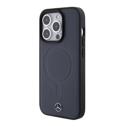 Apple iPhone 15 Pro Kılıf Mercedes Benz Orjinal Lisanslı Magsafe Şarj Özellikli Metal Yıldız Logolu Pürüzsüz Deri Kapak Lacivert