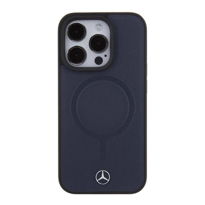 Apple iPhone 15 Pro Kılıf Mercedes Benz Orjinal Lisanslı Magsafe Şarj Özellikli Metal Yıldız Logolu Pürüzsüz Deri Kapak Lacivert