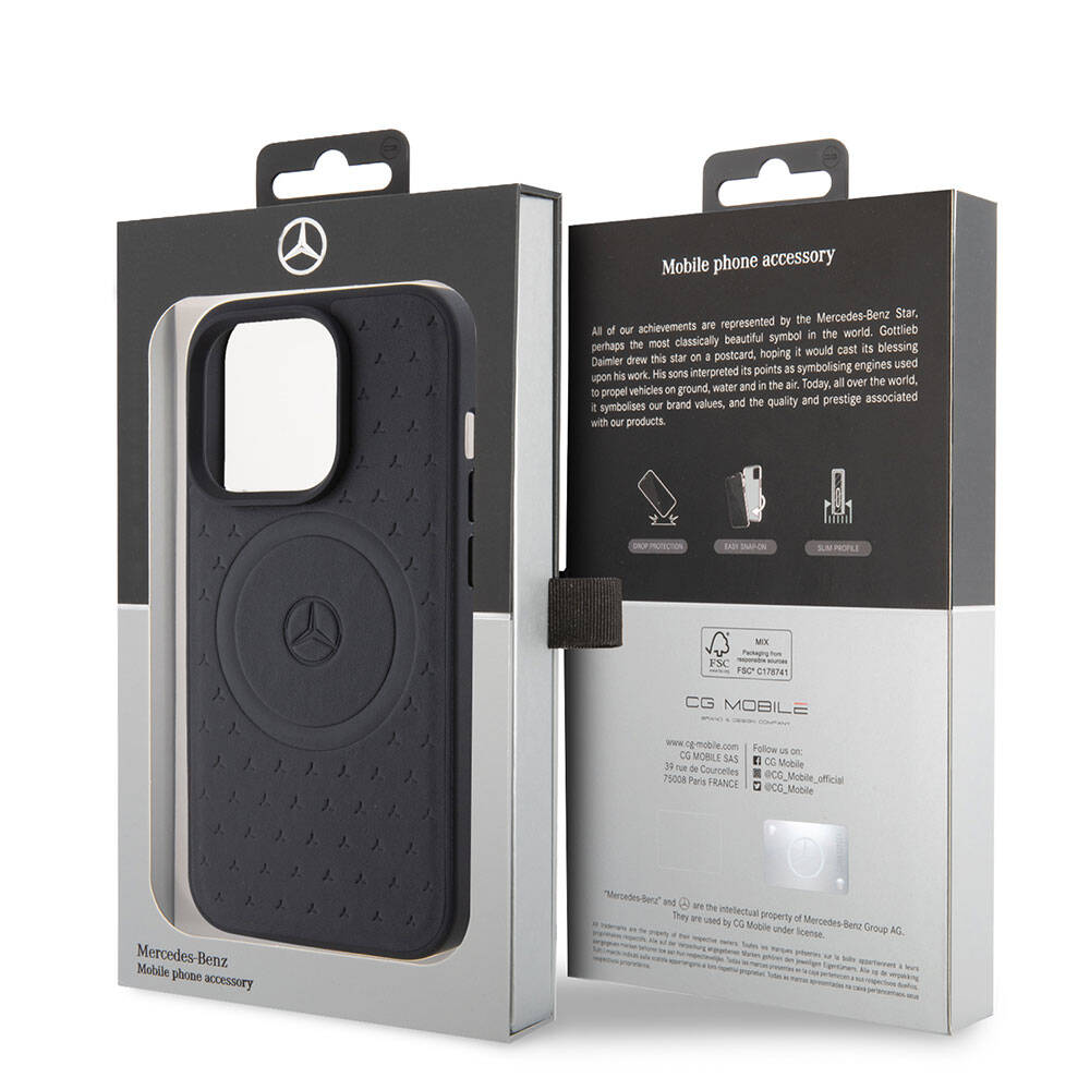 iPhone 15 Pro Kılıf Mercedes Benz Orjinal Lisanslı M-safe Şarj Özellikli Mühürlü Yıldız Desenli ve Logolu Deri Kılıf